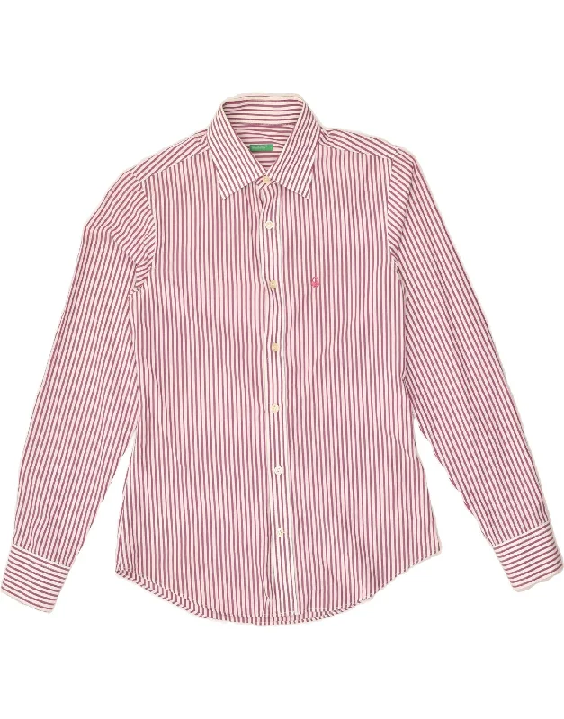 BENETTON Womens Shirt UK 14 Large Pink Striped Cotton Trendy Floral Short Sleeve