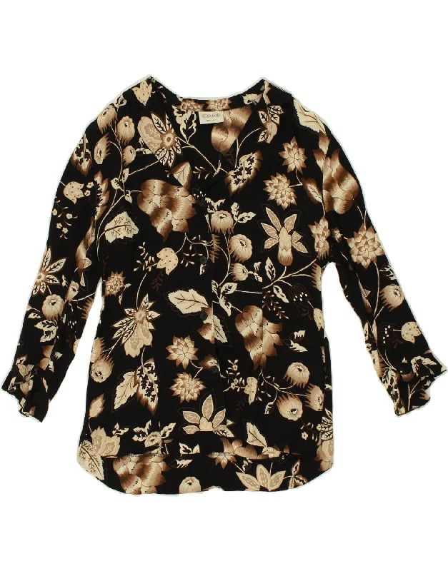 CANDA Womens Shirt Blouse UK 16 Large Black Floral Comfortable Short Sleeve Tunic