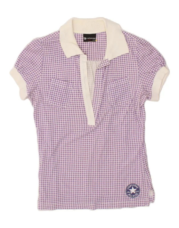 CONVERSE Womens Polo Shirt UK 10 Small Purple Gingham Modern Casual Short Sleeve