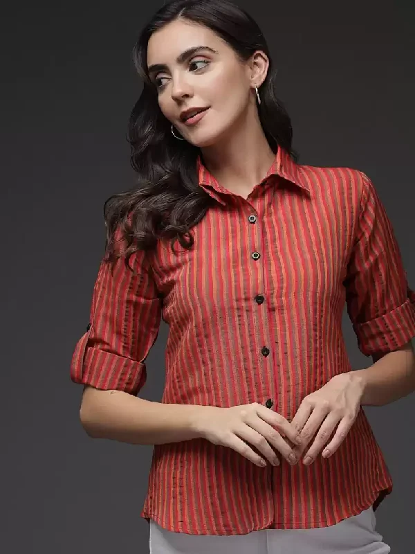 TANDUL  Women Regular Fit Printed Button Down Collar Formal Shirt Casual Short Sleeve Top