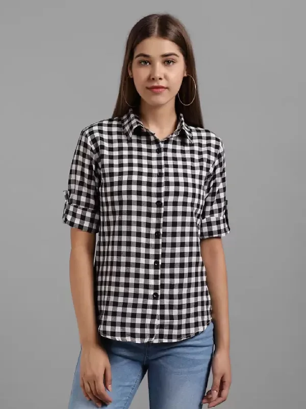 TANDUL  Women Regular Fit Self Design, Checkered Casual Shirt Classic Basic Short Shirt