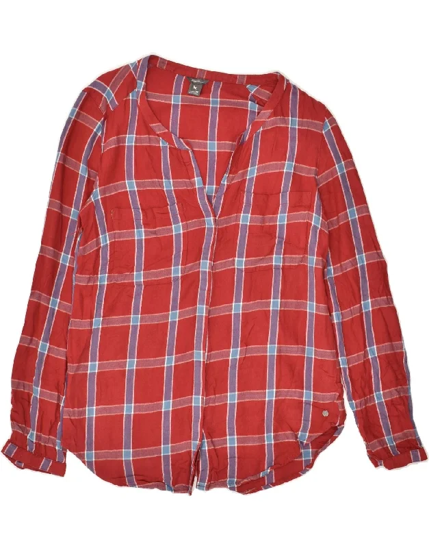 EDDIE BAUER Womens Shirt Blouse UK 6 XS Red Check Rayon Chic Button-Up Short Shirt