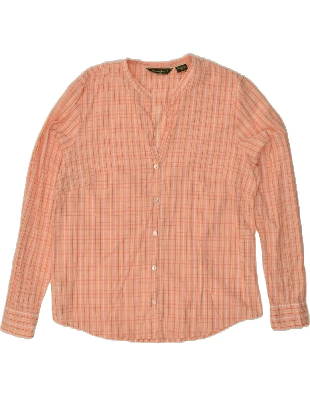 EDDIE BAUER Womens Shirt UK 14 Large Orange Check Cotton Casual Loose Short Sleeve