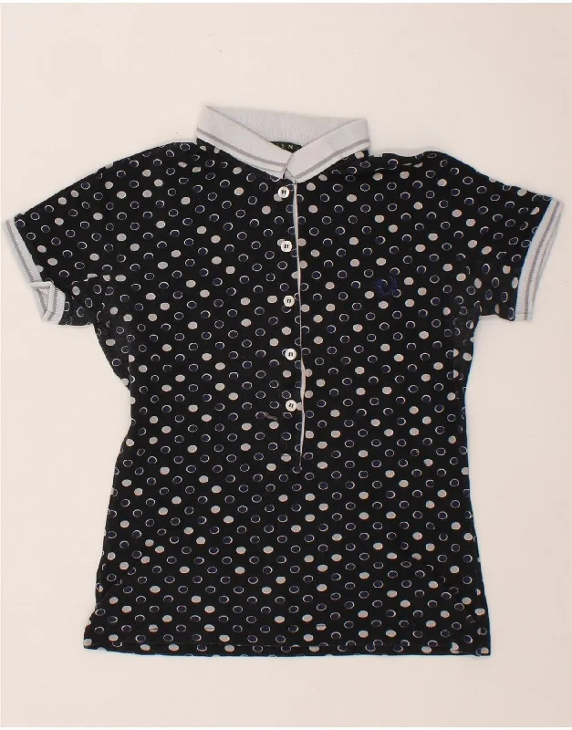 FRED PERRY Womens Polo Shirt UK 12 Medium Black Spotted Cotton Fashionable Rounded Short Shirt