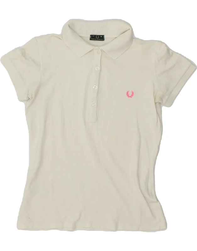 FRED PERRY Womens Polo Shirt UK 12 Medium White Cotton Fashionable Plaid Short Sleeve