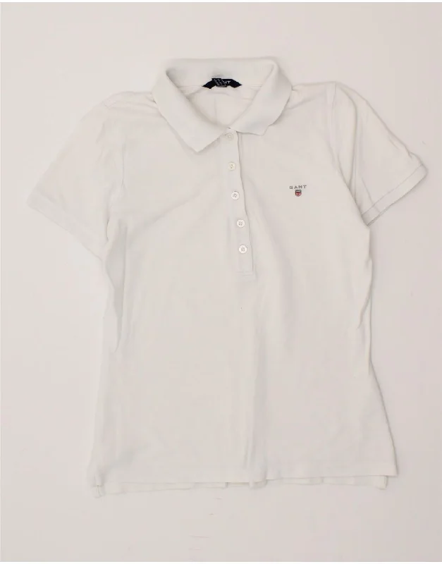 GANT Womens Polo Shirt UK 10 Small White Cotton Trendy Print Short Sleeve