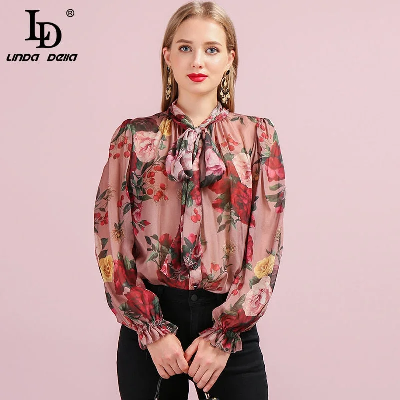 LD LINDA DELLA Runway Fashion Autumn Silk Shirt Women's Butterfly Sleeve Floral Printed Bowknot Elegant Vintage Loose Blouse Relaxed Fit Short Blouse