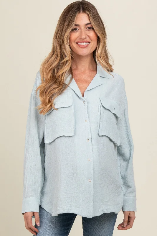 Light Blue Cotton Gauze Button Down Maternity Shirt Cozy Knit Short Sleeve Top