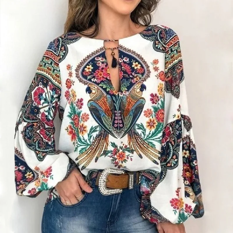 MoneRiff 2019 Casual Vintage Shirt Blouse Women Printed Lantern Sleeve Plus Size Womens Tops Loose V Neck Blusas Mujer De Moda Elegant Draped Short Shirt