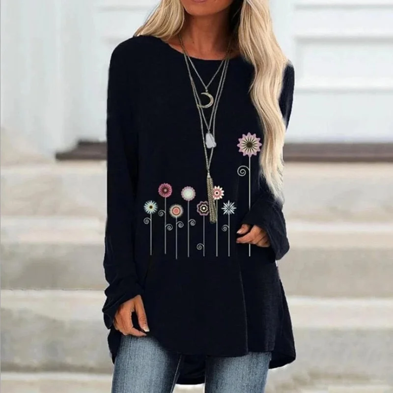 New Autumn Floral Print Loose Tshirts Women Long Sleeve Casual T Shirts Plus Size S-5XL Female Shirts 2019 Women Clothes Tops Cozy Cotton Short Tee