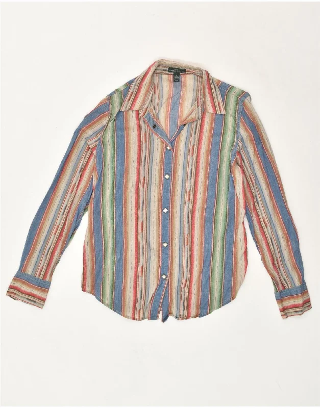 RALPH LAUREN Womens Shirt UK 14 Medium Multicoloured Striped Cotton Relaxed Cotton Short Blouse