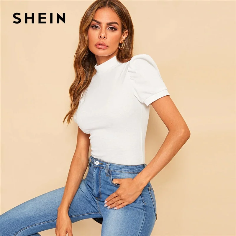 SHEIN Office Lady White Mock-neck Puff Sleeve Solid Top T Shirt Summer Solid Basic Short Puff Sleeve Elegant Tshirt Ladies Tops Stylish Pleated Short Sleeve