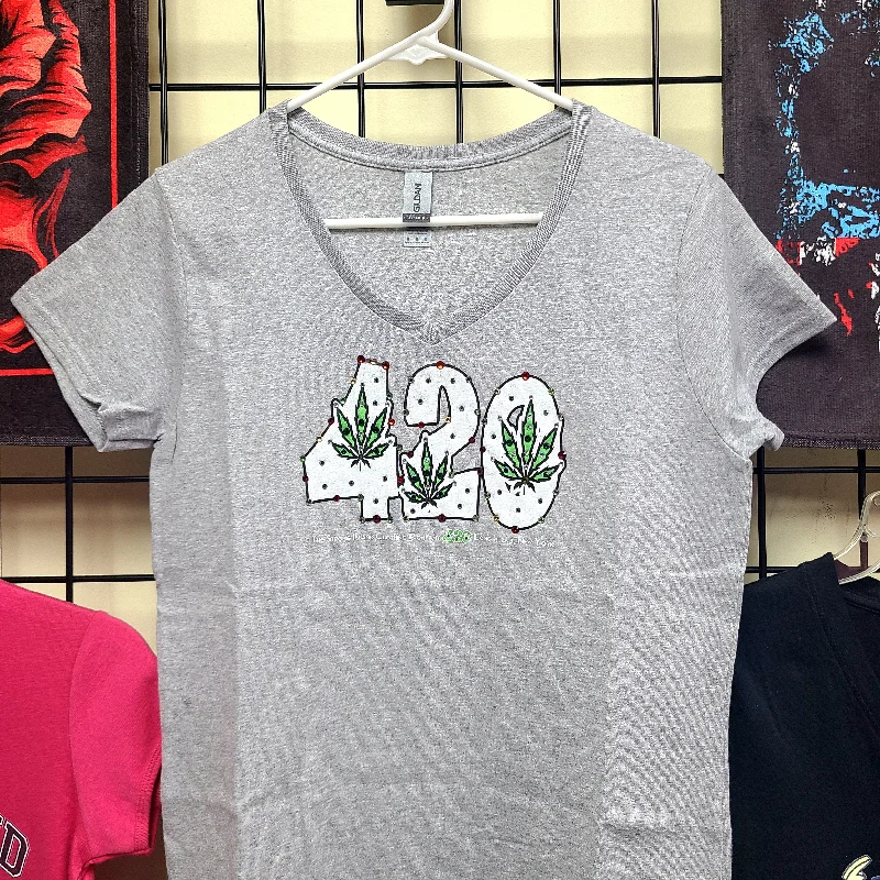 Strong Island Clothing - 420 / Woman's V Neck T Shirt with or without Bling Fashionable Short Sleeve Shirt