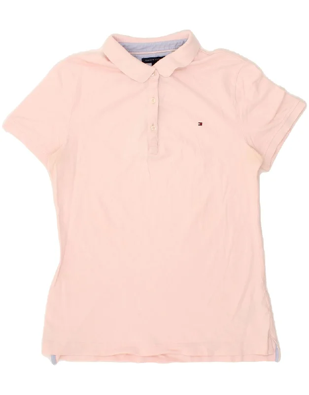 TOMMY HILFIGER Womens Polo Shirt UK 14 Large Pink Cotton Casual Ruffle Short Shirt