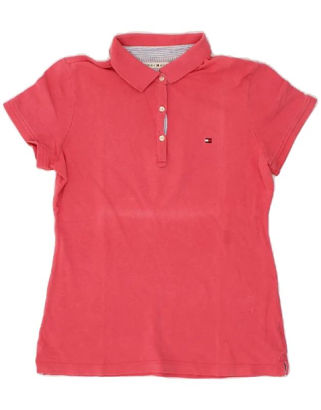 TOMMY HILFIGER Womens Polo Shirt UK 14 Large Pink Cotton Comfortable Ribbed Short Sleeve