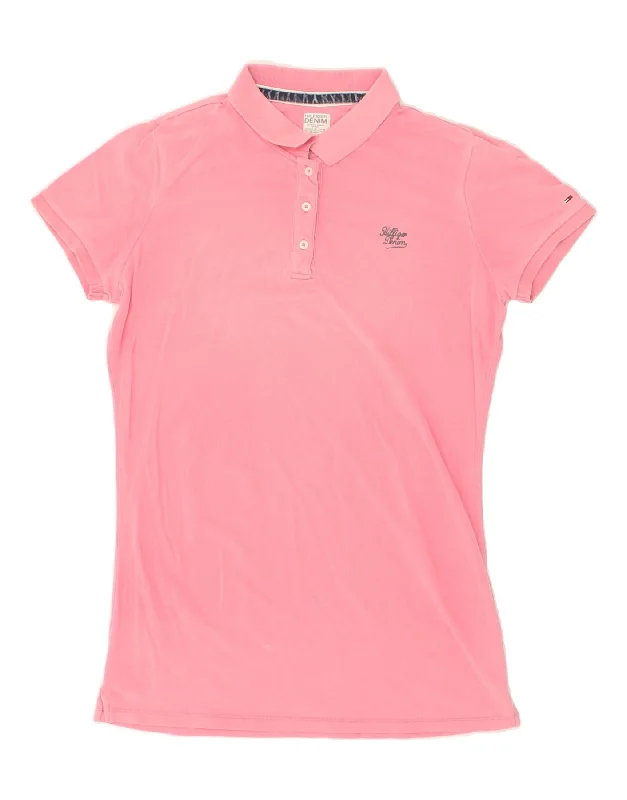 TOMMY HILFIGER Womens Polo Shirt UK 14 Large Pink Cotton Trendy Sleeveless Short Shirt