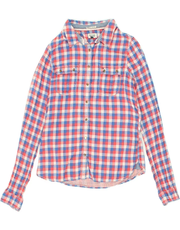 TOMMY HILFIGER Womens Shirt UK 14 Medium Red Gingham Cotton Fashionable Sheer Short Shirt