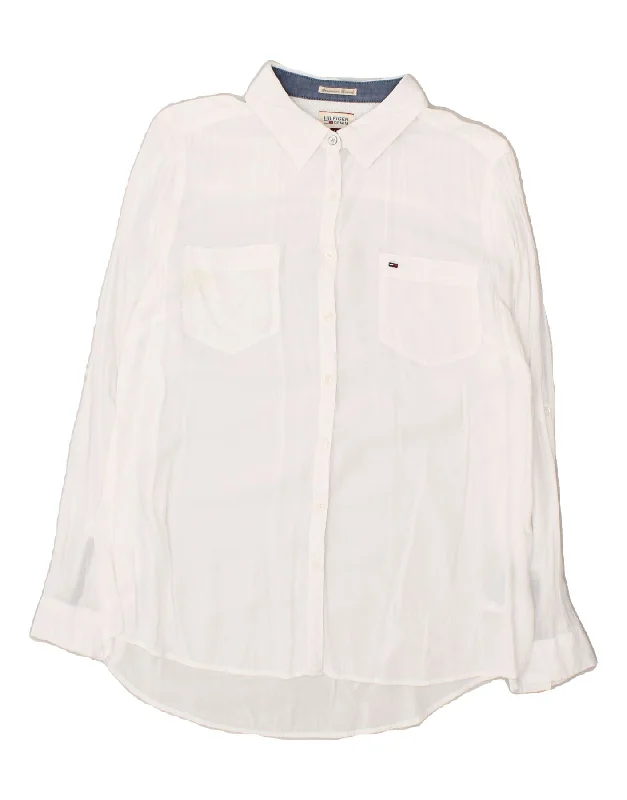 TOMMY HILFIGER Womens Shirt UK 14 Medium White Viscose Classic Basic Short Shirt