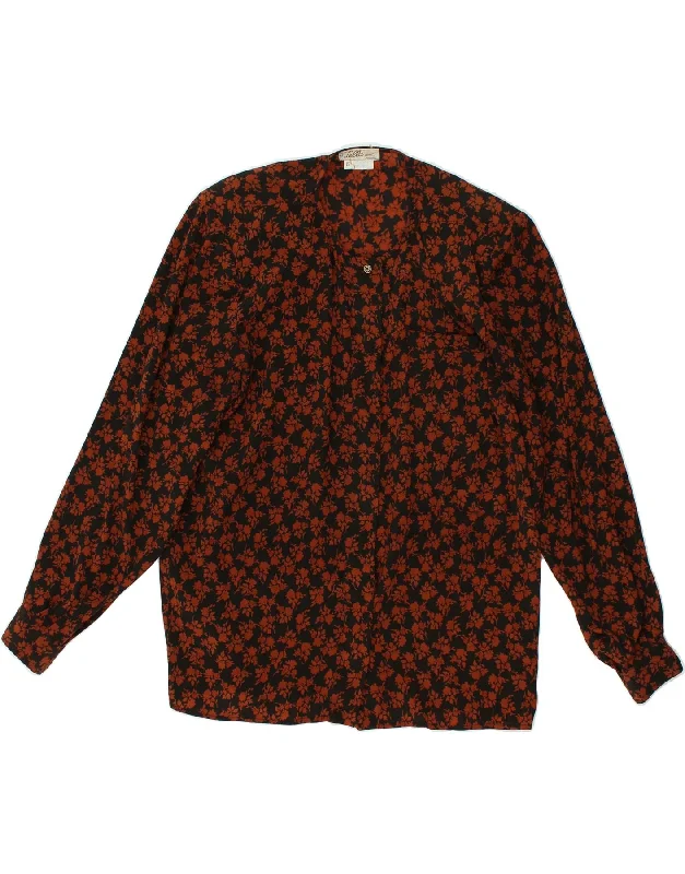 VINTAGE Womens Shirt Blouse IT 42 Medium Brown Floral Acetate Classic V-Neck Short Shirt