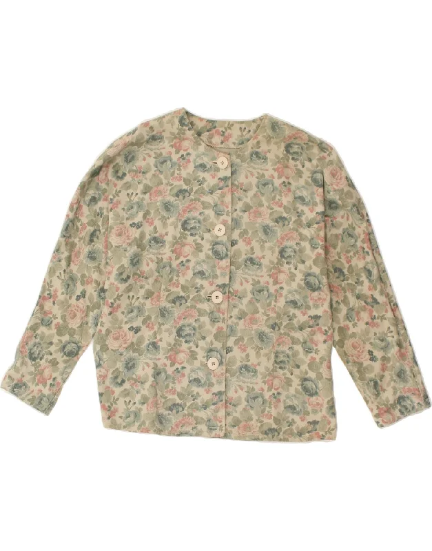 VINTAGE Womens Shirt Blouse UK 14 Large Green Floral Cozy Knit Short Sleeve Top