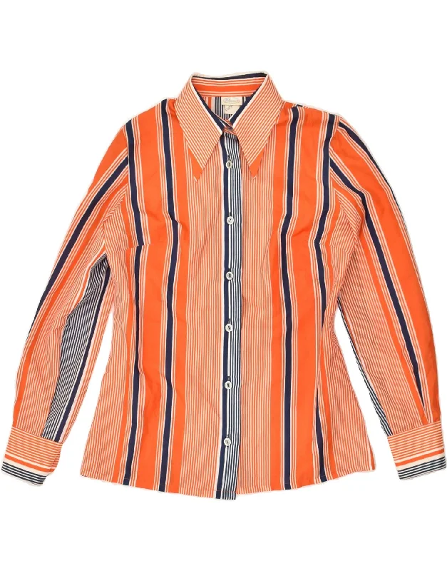 VINTAGE Womens Shirt UK 12 Medium Orange Striped Polyester Elegant Longline Short Shirt