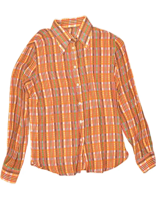 VINTAGE Womens Shirt UK 16 Large Orange Check Trendy Turtleneck Short Shirt