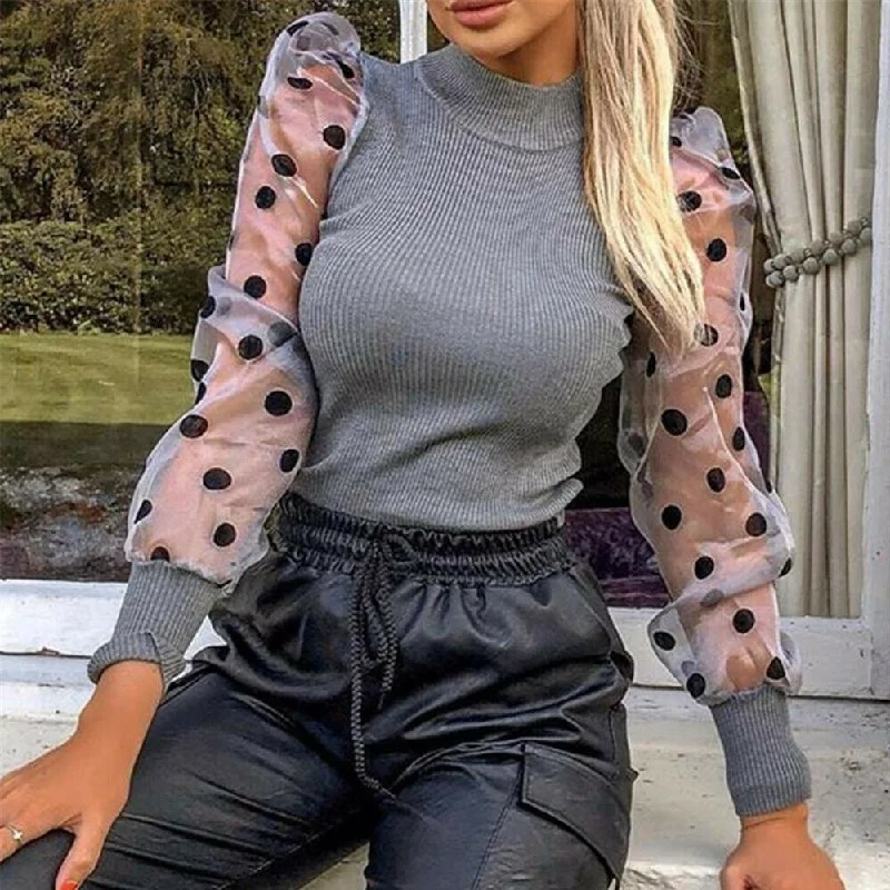 Women Autumn Mesh Puff Long Sleeve Ribbed Knitted Shirt Loose Casual Polka Dots Blouse Tops Elegant Turtleneck Party Clubwear Comfortable Loose Short Sleeve