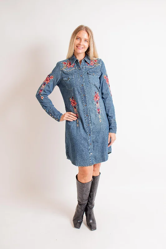 Dark Denim Midi Dress w/ Embroidery Trendy Mock Neck Midi Dress