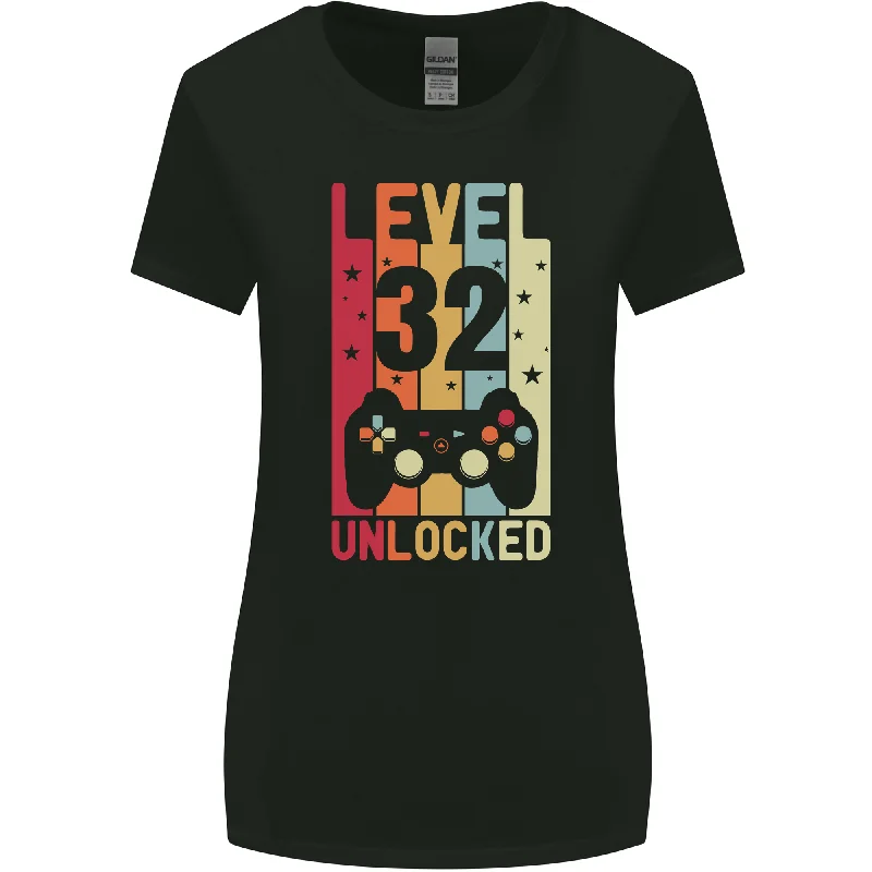 32nd Birthday 32 Year Old Level Up Gaming Womens Wider Cut T-Shirt Satin Blend Silk Blend Wool Blend