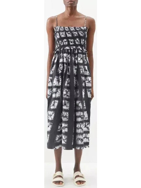 Abstract-Printed Sleeveless Cotton Midi Dress in Black and White Stylish Vintage Midi Dress