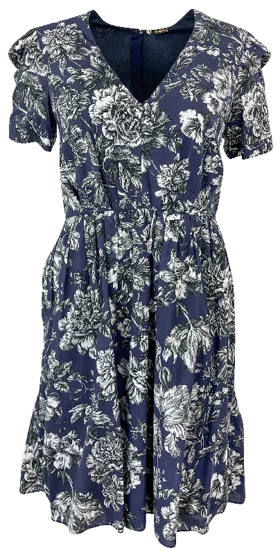 Adam Lippes V-Neck Pleated Mini Dress in Navy Floral Elegant Tulle Mini Dress