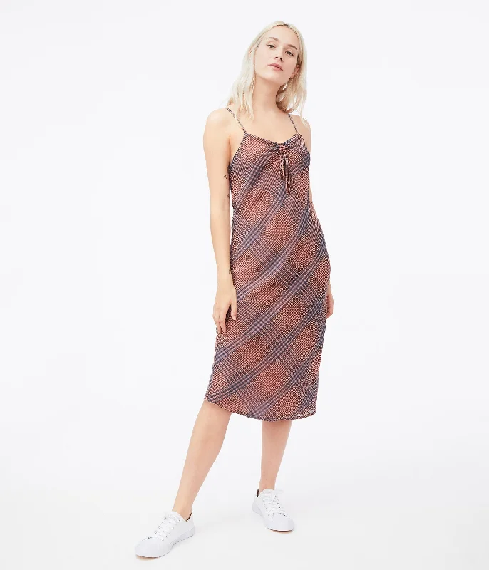 Aeropostale Plaid Cinched-Neck Midi Dress Comfortable Sleeveless Midi Dress