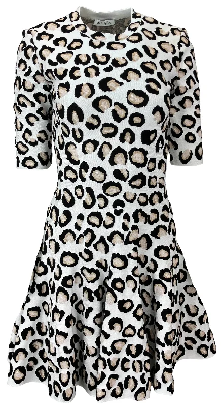 Alaïa Leopard-Print Skater Mini Dress in White Fashionable Party Mini Dress