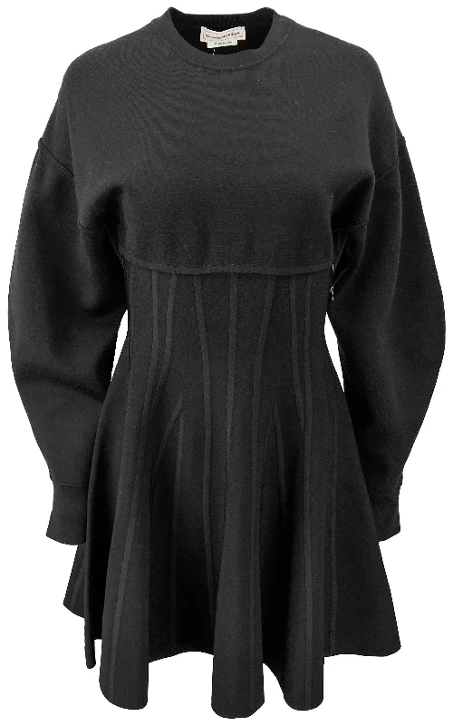 Alexander McQueen Long Sleeve Flared Mini Dress in Black Trendy Tulle Mini Dress