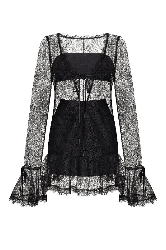 Alluring semi-transparent lace mini dress in black, Xo Xo Comfortable Casual Mini Dress