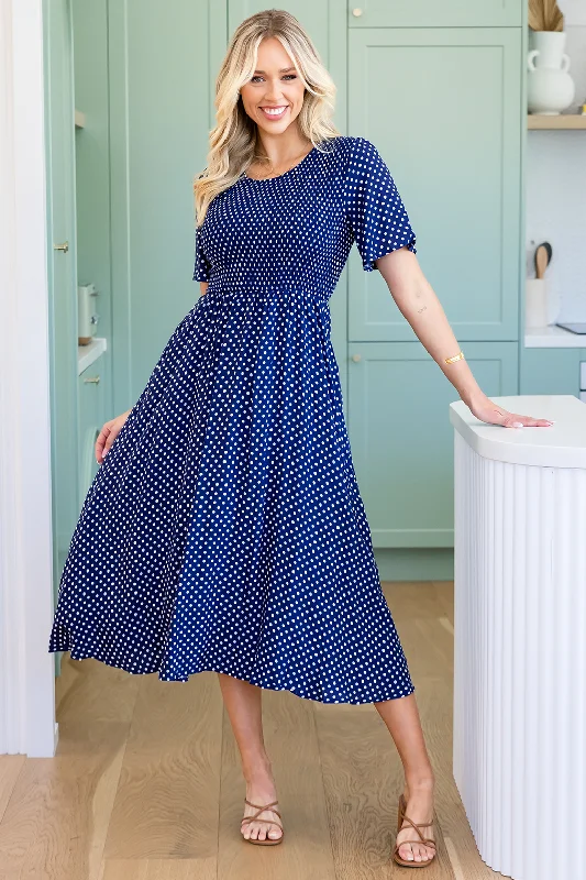 Annalee Midi Dress Navy White Mini Spot Trendy Shift Midi Dress