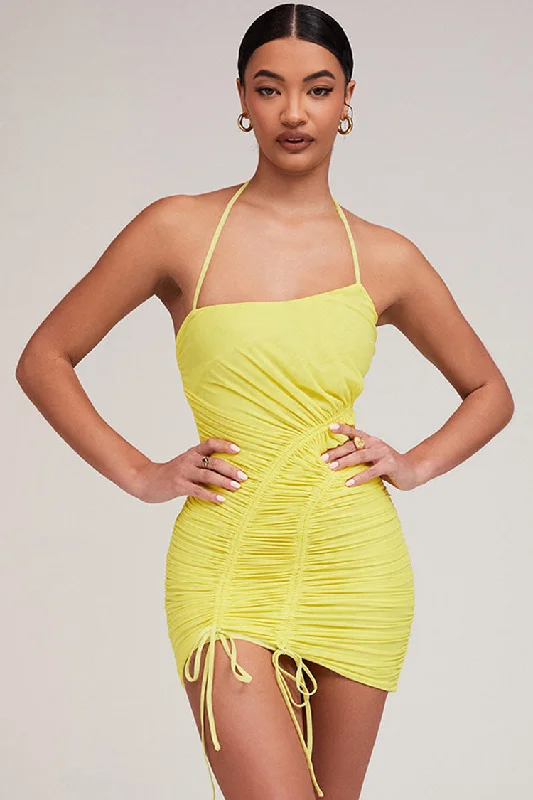 Asymmetric Drawstring Ruched Mesh Bodycon Mini Dress - Yellow Cozy Ruched Mini Dress