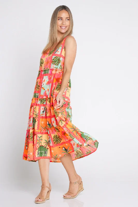 Audrey Tiered Midi Dress - Coral Stylish Long Sleeve Floral Midi Dress