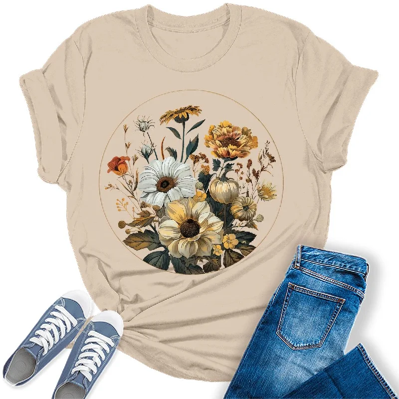 Beautiful Flowers Circle Graphic Tees For Women Rayon Fabric Velvet Fabric Corduroy Fabric