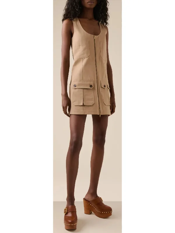 Beige Zipped Utility Cotton Cargo Mini Dress Chic Mini Dress with V-Neck