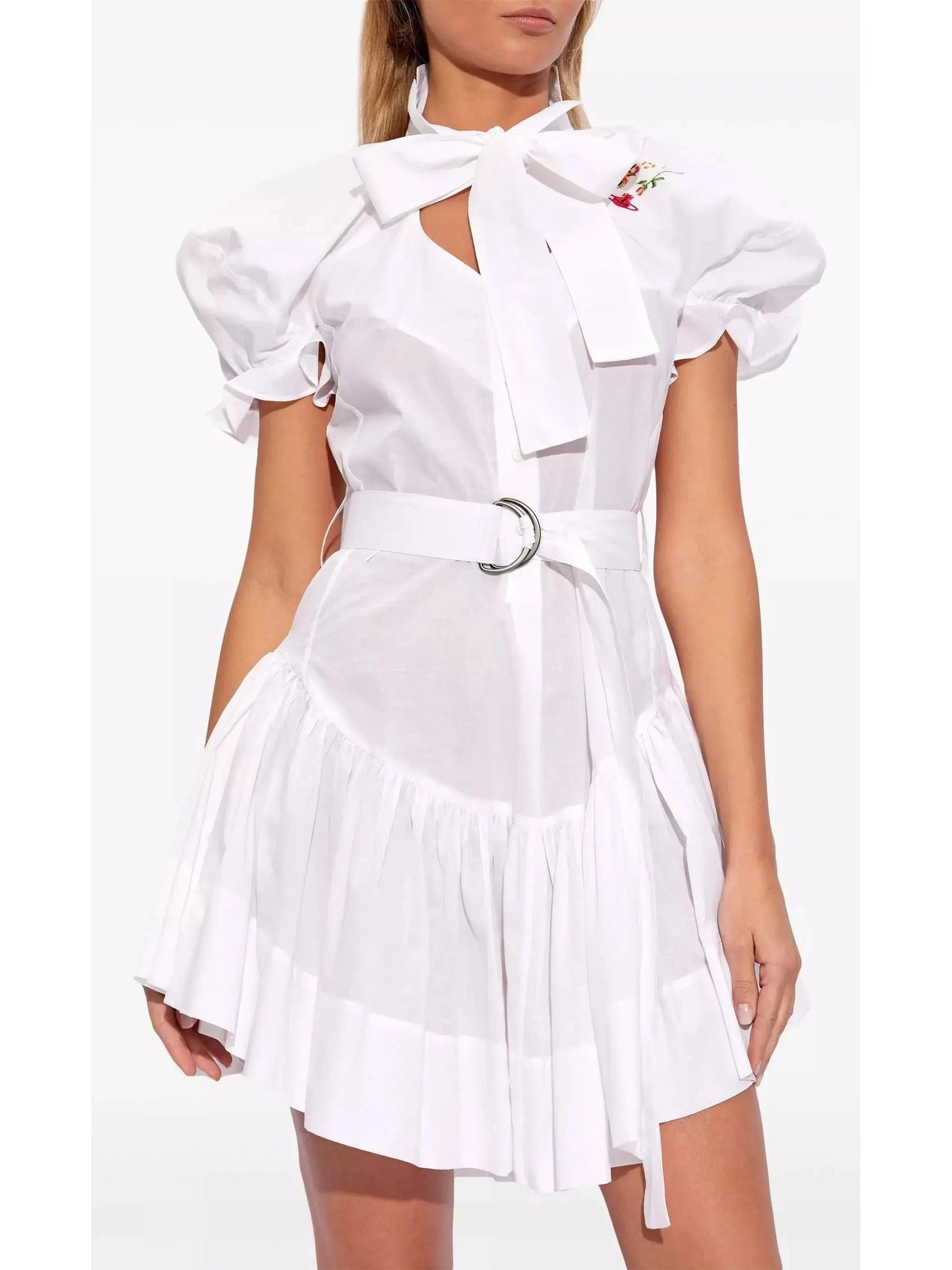 Belted Floral-Embroidered White Cotton Mini Dress Comfortable One-Shoulder Mini Dress