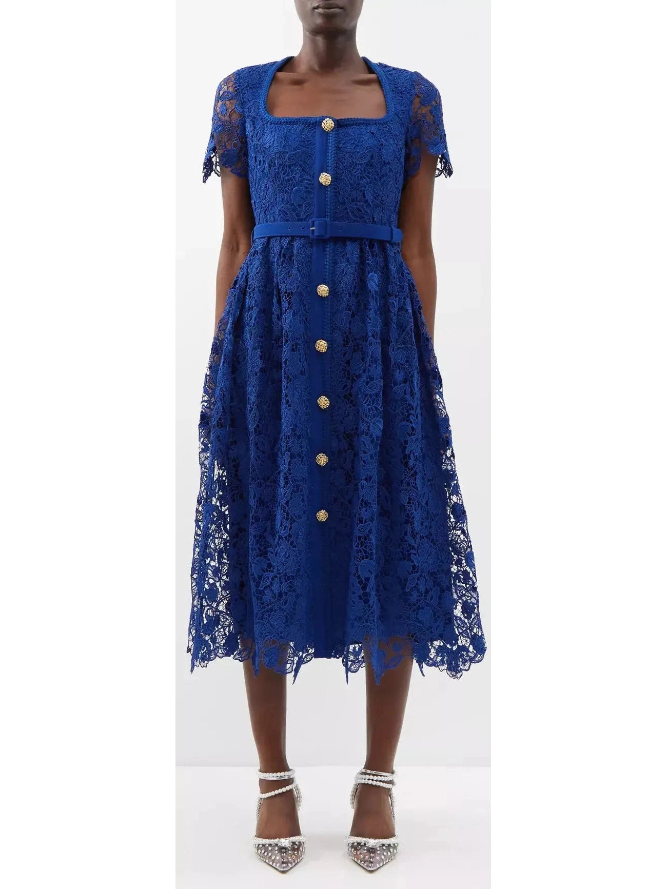 Belted Guipure-Lace Midi Dress, Blue Trendy Ruffled Sleeve Midi Dress