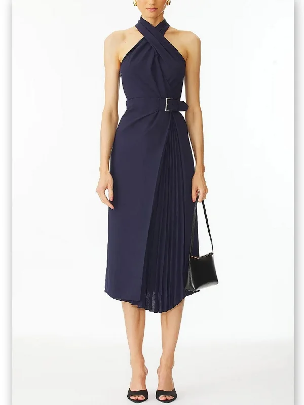 Belted Halter-Neck Pleated-Panel Midi Dress in Navy Chic Bohemian Midi Dress