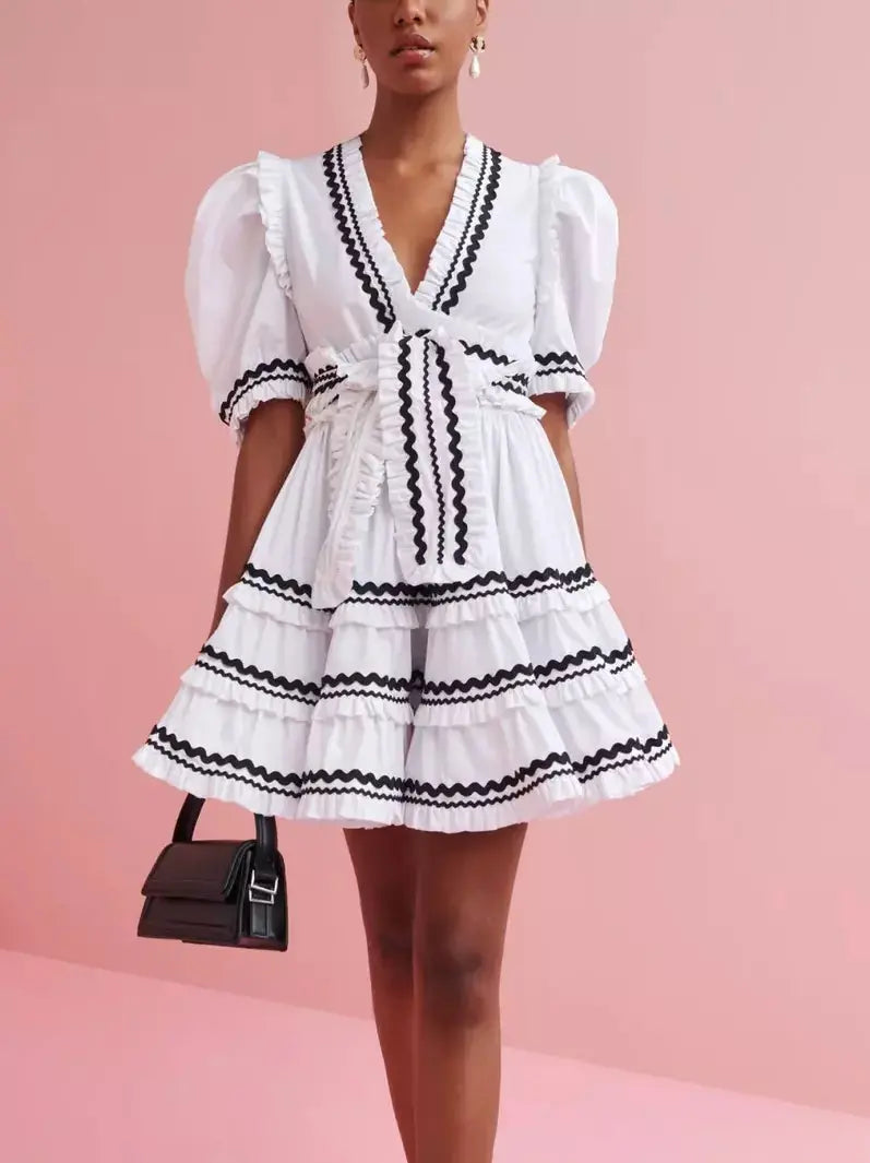 Belted V-Neck A-Line Mini Dress in White and Black Stylish Summer Mini Dress