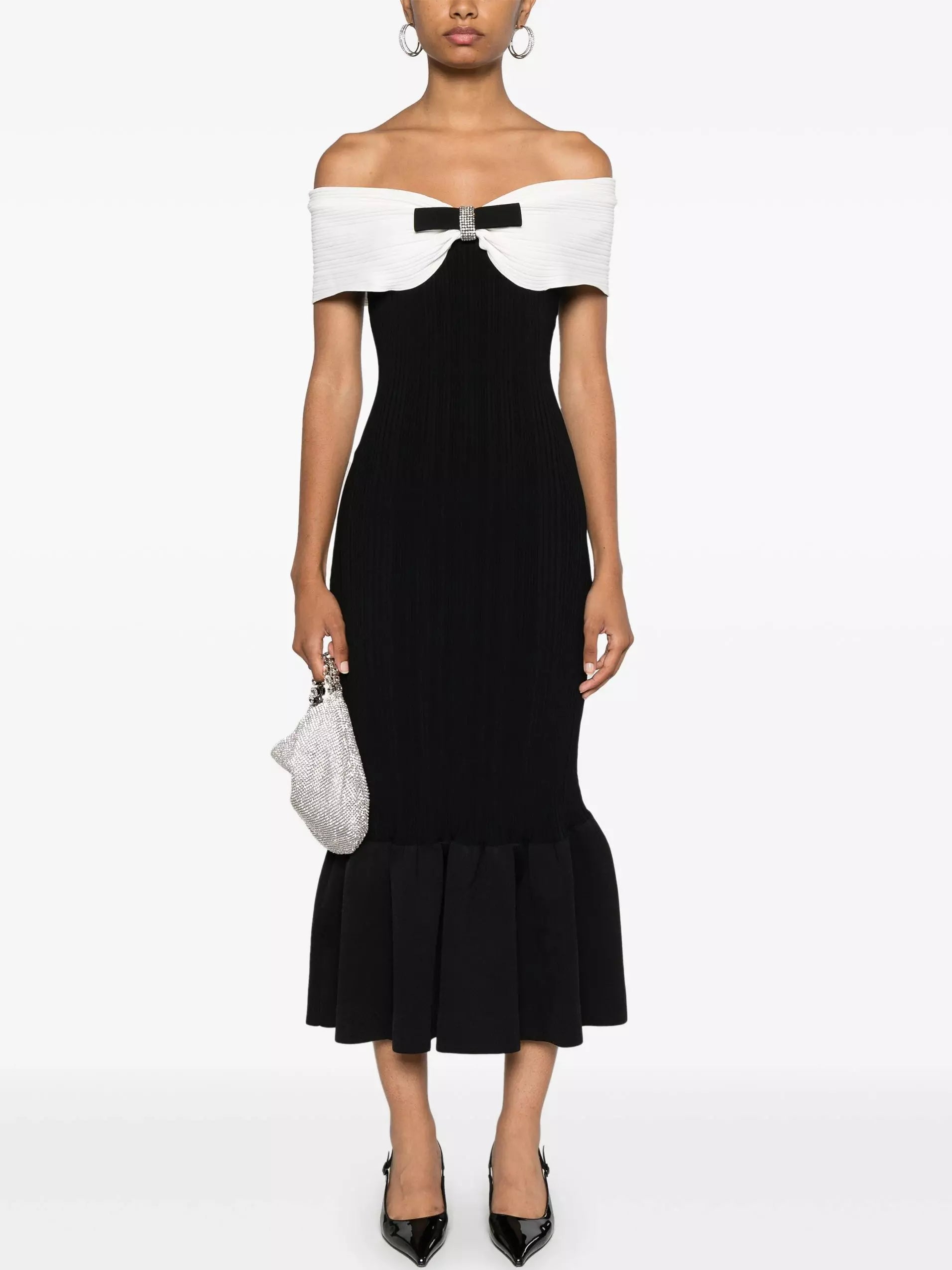 Bicolor Off-Shoulder Bow-Detail Ribbed Midi Dress Fashionable Plaid Midi Dress