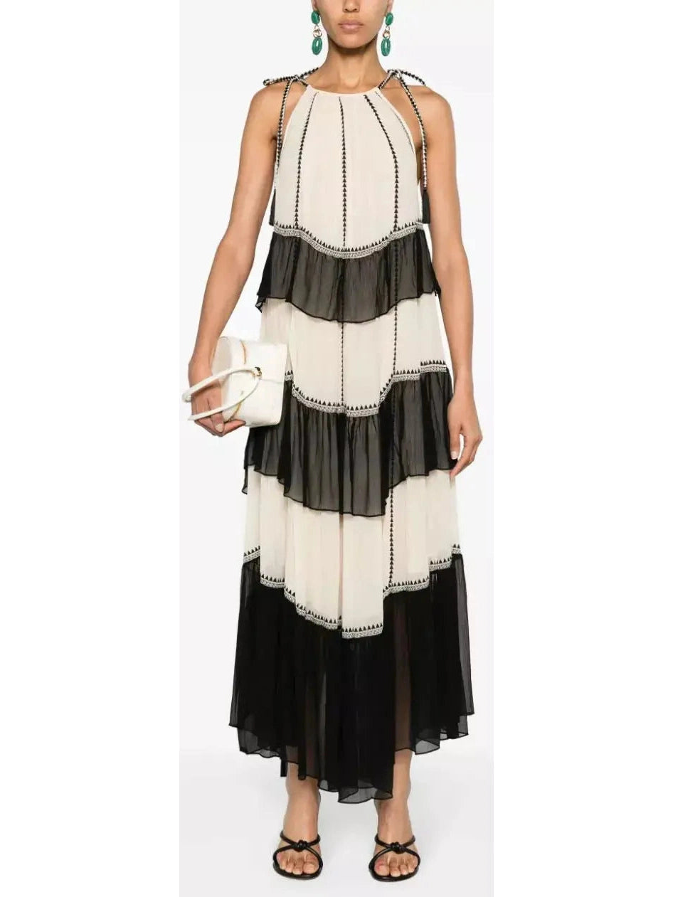 Black and White Ruffled Silk Halter-Neck Midi Dress Comfortable Button Front Midi Dress