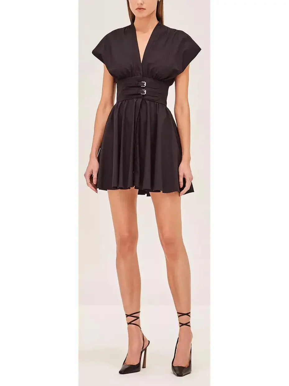 Black Concealed Button-Down V-Neck Double-Belted Mini Dress Classic Striped Mini Dress