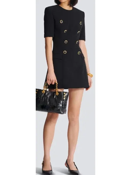 Black Crepe Eight-Button Mini Dress Elegant Satin Mini Dress