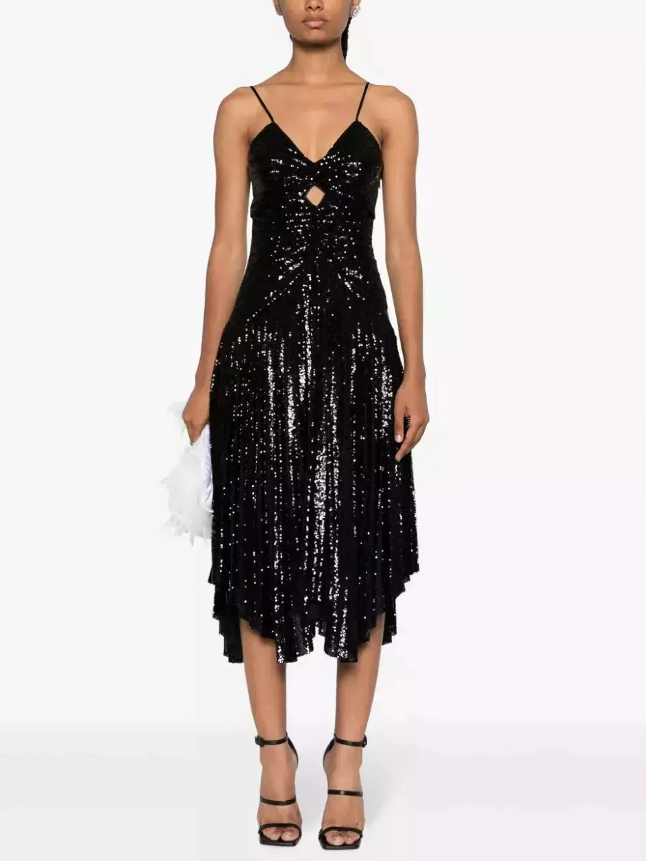 Black Sequin-Embellished Gathered Pleated Midi Dress Fashionable One-Shoulder Midi Dress