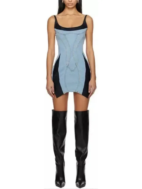 Blue & Black Paneled Denim Mini Dress Classic Solid Mini Dress